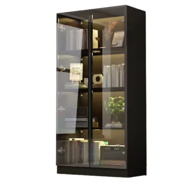 Black Wood Display Cabinet With Tempered Glass Doors & 3-Color LED Lights For Sale