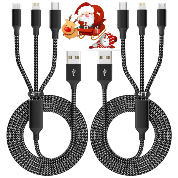 2-Pack 4Ft 3-In-1 Multiple USB Braided Charging Cable on Sale