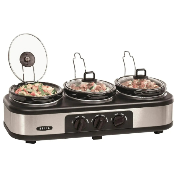 Bella Triple 3 x1.5qt Stainless Steel Manual Slow Cooker & Buffet Server Supply