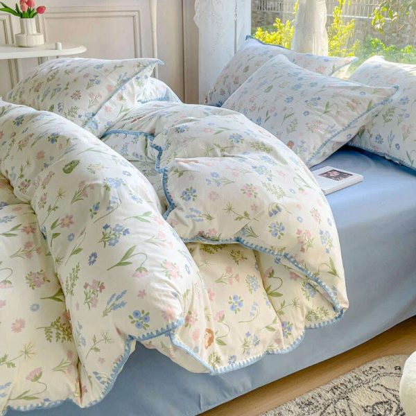 Pastoral Girls Flower Bedding Sets, Washed Cotton Bed Linens, Soft Quilt Cover Sheet Set, Simple Bedspread, Home Textiles Online Sale