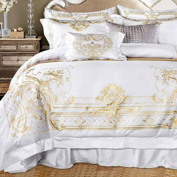 White Egyptian Cotton Bedding set US King Queen size Chic Golden Embroidery Bedding sets Super Soft Bed sheet set Duvet cover Cheap