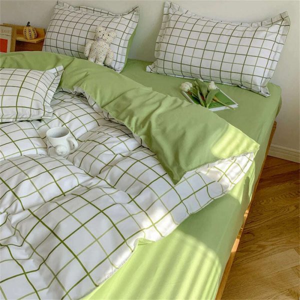 Ins Green Grid Bedding Set Bed Linen Nordic Lattice Duvet Cover For Adults Boys Bedspread Flat Sheet Simple Single Quilt Cover Online Hot Sale - Image 4