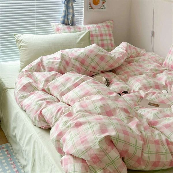 Ins Green Grid Bedding Set Bed Linen Nordic Lattice Duvet Cover For Adults Boys Bedspread Flat Sheet Simple Single Quilt Cover Online Hot Sale - Image 3