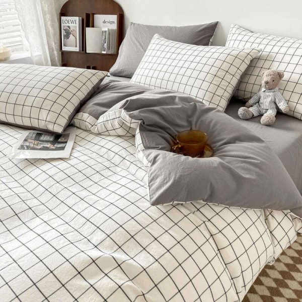 Ins Green Grid Bedding Set Bed Linen Nordic Lattice Duvet Cover For Adults Boys Bedspread Flat Sheet Simple Single Quilt Cover Online Hot Sale - Image 2